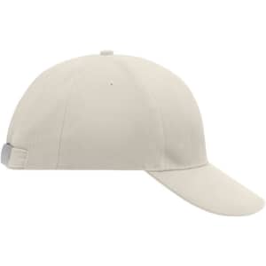 A beige 6 panel cap with a curved brim, featuring an adjustable strap and a branding logo.