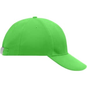 A bright green 6 panel cap with a curved brim and branding on the side.