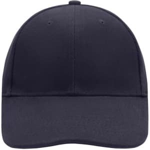 A navy 6-panel cap featuring a structured design and a closed back. It has a logo on the front.