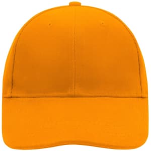 An orange 6 panel cap with a structured front and a curved brim, featuring a logo on the side.