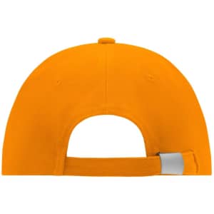 An orange 6 panel cap featuring an adjustable strap at the back and a logo.