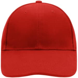 A red six-panel cap with a rounded crown and curved brim. Features a logo on the front.