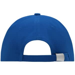 A blue six-panel cap with a curved brim and an adjustable strap at the back. It features a logo.