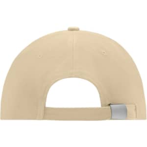 A low-profile beige cap featuring a curved brim and an adjustable strap at the back. It has a logo.