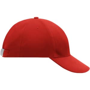 A low-profile red cap with a curved brim and an adjustable strap at the back. It features a logo on the side.