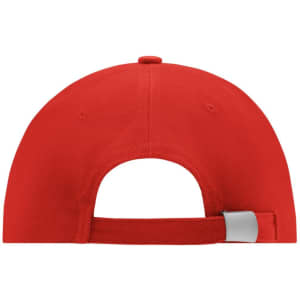 A red low-profile 6 panel cap featuring a rear opening and an adjustable strap. It includes a logo.