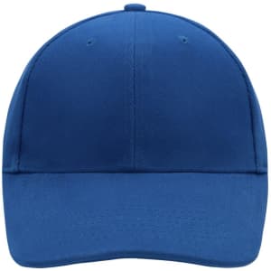 A blue low-profile six-panel cap featuring a smooth fabric design and a logo on the front.