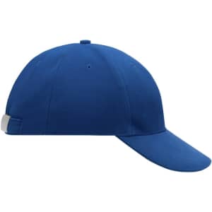 A low-profile blue cap with a curved brim and an adjustable strap at the back, featuring a logo.