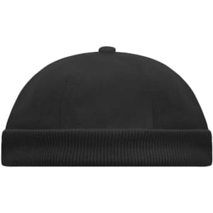 A black 6-panel chef cap with a rounded top and ribbed band, featuring a logo on the front.