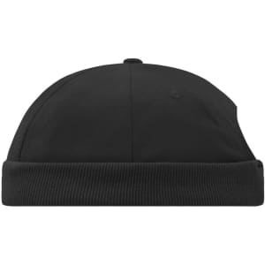 A black 6 Panel Chef Cap with a rounded top and a ribbed cuff, featuring a logo.