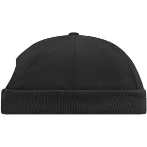 A black 6 panel chef cap featuring a rounded top and a ribbed band at the base. It has a logo.
