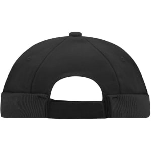 A black 6 panel chef cap with an adjustable strap at the back and ventilation holes. It features a logo.