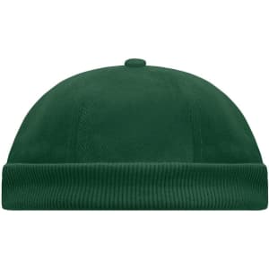 A green 6-panel chef cap with a ribbed band and a button on top, featuring a logo.