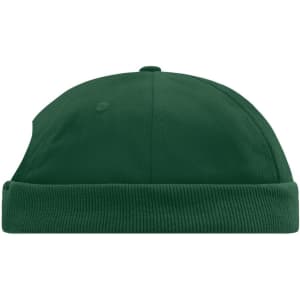 A green 6 panel chef cap featuring a ribbed band and a smooth top. It has a logo but no visible text.