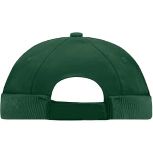A green 6 panel chef cap with a rounded back and a structured brim, featuring a logo on the side.