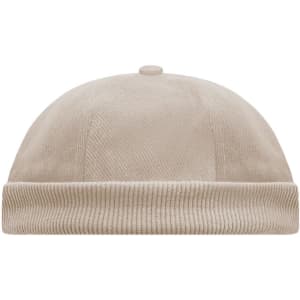 A beige 6-panel chef cap featuring a round top and a ribbed band, with a logo on the side.