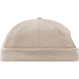 A beige 6-panel chef cap featuring a rounded top and ribbed band, designed for culinary uniforms.