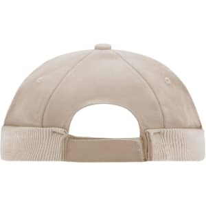 A beige 6 Panel Chef Cap with an adjustable strap at the back and a logo.