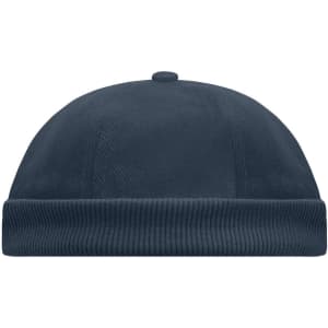 A dark navy blue 6 Panel Chef Cap with a rounded top and ribbed band. It features a logo on the side.