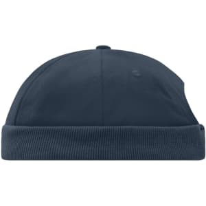 A navy blue 6 panel chef cap with a ribbed band and a logo on the side.