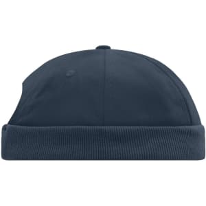 A navy 6 panel chef cap with a ribbed band and a logo on the side.