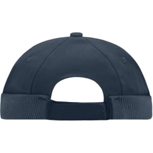 A navy blue six-panel chef cap featuring a ribbed band and an adjustable back closure.