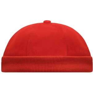 A red 6 panel chef cap with a rounded top and a ribbed band at the base. It features a logo.
