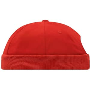 A red 6 panel chef cap with a ribbed brim and a central button on top. It features a logo.