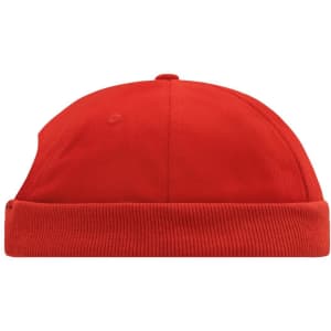 A red 6 panel chef cap with a rounded top and a ribbed band at the bottom. Features a logo on the side.