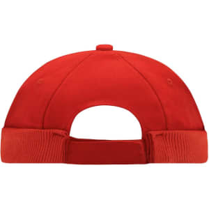 A red 6 panel chef cap featuring a structured design and adjustable back strap. Includes a branding logo.