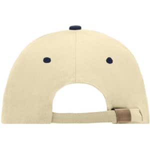 A beige 6 panel sandwich cap with a navy blue button and eyelets, featuring an adjustable strap at the back.