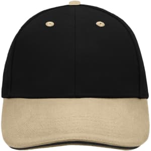 A 6 panel sandwich cap featuring a black top and a beige brim, with a logo on the front.