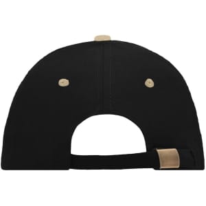 A black 6 panel sandwich cap with a contrasting band and an adjustable strap at the back. It features a logo.