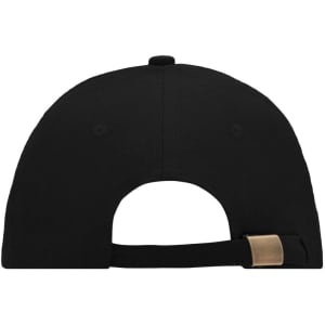 A black 6 Panel Sandwich Cap featuring a curved brim and an adjustable strap at the back. Includes a logo.