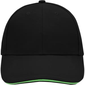 A black 6 panel sandwich cap with a green underbrim and a logo on the front.