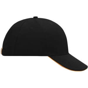 A black 6-panel sandwich cap with an orange accent on the visor and a logo on the side.