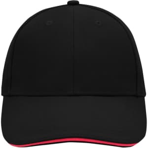 A black 6 panel sandwich cap featuring a red underside and a logo on the front.