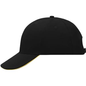 A black 6-panel sandwich cap with a contrasting yellow trim and an adjustable strap at the back.