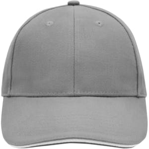A grey 6-panel sandwich cap featuring a rounded crown and a logo on the front.