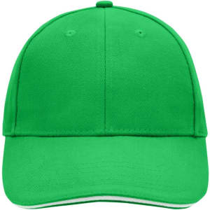 A green 6 panel sandwich cap featuring a structured design and a logo on the front.
