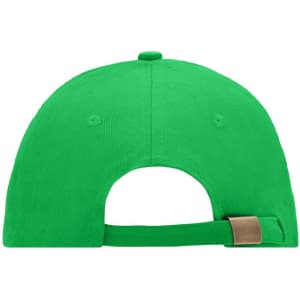 A green 6 panel sandwich cap viewed from the back, featuring a strap and a logo.