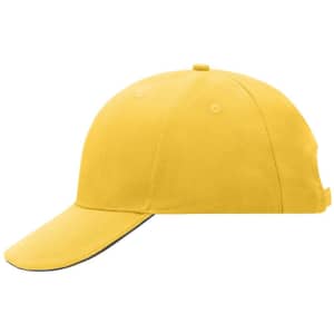 A yellow 6 panel sandwich cap with a curved peak and ventilation holes, featuring a logo on the side.