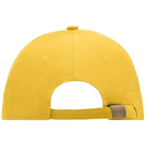 A yellow 6 panel sandwich cap featuring a rear adjustment strap and a logo on the back.