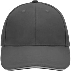 A grey 6 Panel Sandwich Cap with a structured design and a logo on the front.