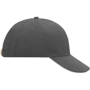 A grey 6 panel sandwich cap with a curved brim and a logo on the side.