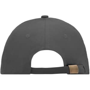 A grey 6 panel sandwich cap featuring a metal buckle adjuster at the back and an embroidered logo.