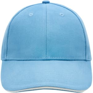 A light blue 6 panel sandwich cap with a curved brim and ventilation holes, featuring a logo on the front.