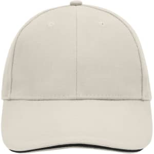 A beige 6-panel sandwich cap with a curved brim and an adjustable strap at the back. Includes a logo.