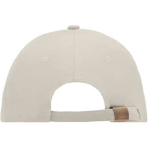 A light beige 6 panel sandwich cap featuring an adjustable strap and a logo on the back.
