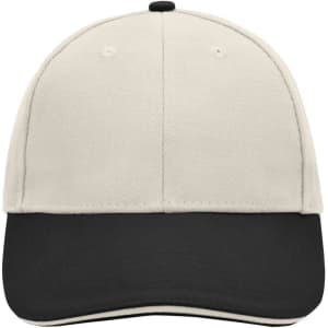 A 6 panel sandwich cap featuring a cream upper and black peak, with a logo on the front.